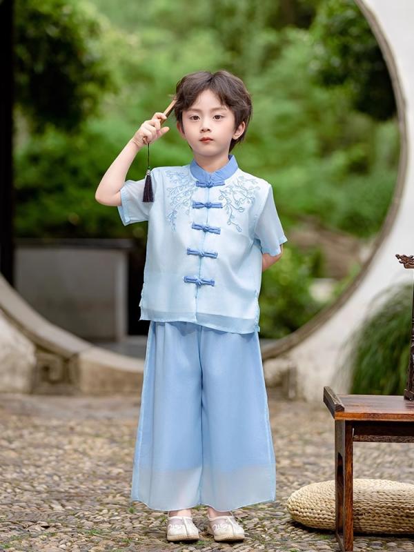 チャイナ服 キッズ 男の子 春夏 薄手 柔らか肌触り 中華風 唐装 日常使い 上下セット 高級感 伝統衣装 発表会 舞台衣装 コスプレ 男女兼用 ポリエステル 8歳以上 中大童 ブルー ベージュ