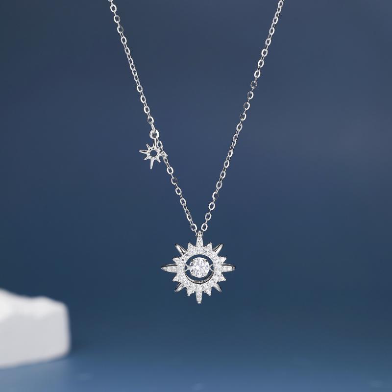 ネックレス レディース S925 スターリングシルバー 太陽 モチーフ 微細 ジルコニア 埋め込み フレンチ 上品 高級感 シンプル 通勤 クロスチェーン 鎖骨チェーン
