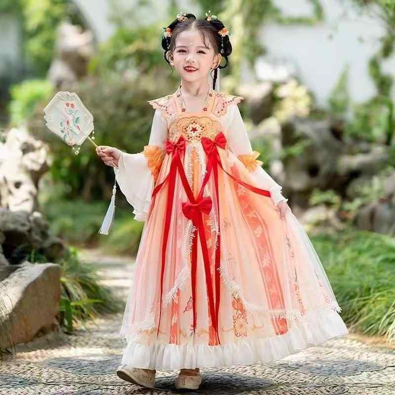 ワンピース キッズ 女の子 漢服 唐装 プリンセス 仙女風 華やか オールシーズン オレンジレッド リボン 絹 シフォン素材 4,174円