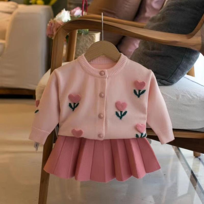 ニットワンピース キッズ 女の子 カーディガン セットアップ 花柄 かわいい 韓国ファッション 長袖 丸首 やわらか アクリル素材 通園 通学 普段着 秋冬春 ピンク パープル ホワイト