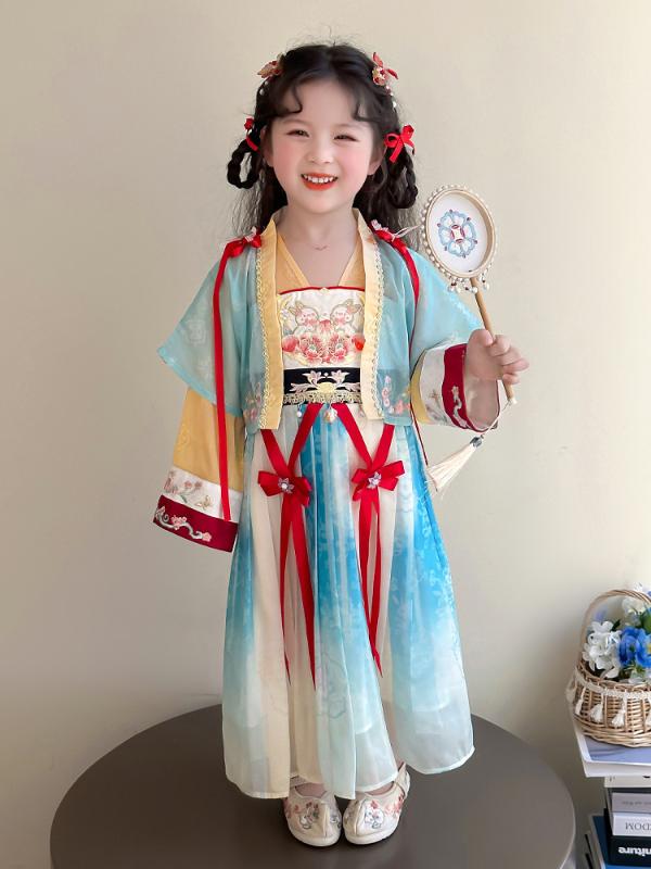 漢服 子供 女の子 柔らかい 綿裏地 改良チャイナ服 ツーピース 中国風 妖精風 ハイウエストスカート 花柄 シフォン プリンセス風 春秋 イベント 発表会 衣装