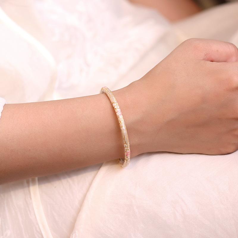 バングル レディース 純銀9999 金彩 桃の花 ひょうたんモチーフ 開口部 サイズ調整可能 新中国風 高級感 ソリッド シルバー ブレスレット ファッション 通勤 オフィススタイル
