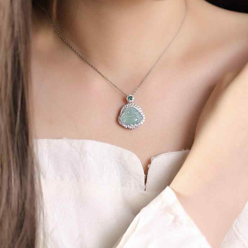 ネックレス レディース S925スターリングシルバー 純銀 ブルー翡翠 弥勒仏 仏様 ペンダント レトロ 民族風 中国風 エスニック アジアン 開運 お守り おしゃれ 上品 エレガント ジュエリー アクセサリー