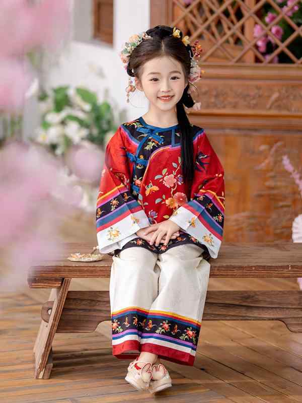 唐装 女の子 キッズ 新中華風 民国風 チャイナドレス風 民族衣装 花柄 かわいい 切り替え コットン裏地 柔らか素材 2点セット 春秋 子供服 イベント 発表会