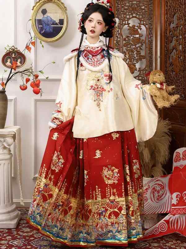 漢服 襦裙仕掛ける レディース 明表現スタイル 中国言い慣わし御召しもの 晴れ晴れしい 刺・墸 立体飾りつけ マント ケープ 織金 馬面スコート 新年 正月 晴れ着 御祭り でき事 御召しもの 秋冬 ポリエステル原材料