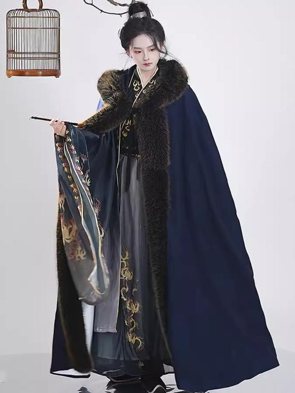 ケープ レディース 漢服風 明朝風 武侠風 コスプレ 裏起毛 厚手 防寒 ファー襟 ロング丈 秋冬 ブルー ポンチョ