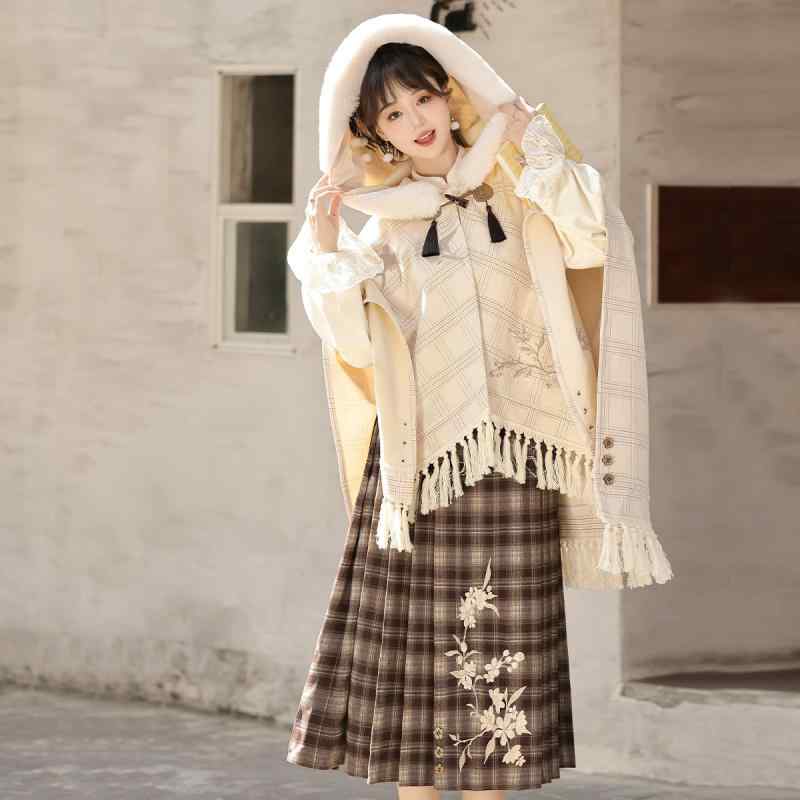 セットアップ レディース 改良版 中国風 漢服 漢元素 明朝風 刺・墸 リボン付き ポンチョ トップス スカート 3点セット 秋冬 ポリエステル素材