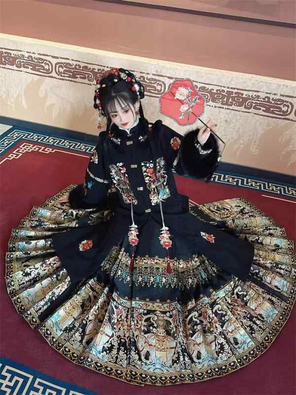 漢服 レディース 明朝様式 裏起毛 暖かい 防寒 ラウンドネック ピーアオ 吉祥柄 織金 豪華刺繍 立体柄 マメンスカート 中華風 秋冬 新年 お正月 イベント コスチューム