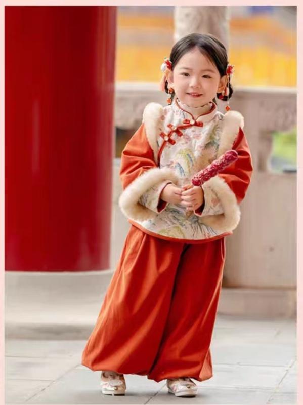チャイナ服 キッズ 女の子 厚手 裏起毛 秋冬 かわいい鹿柄 漢服風 民族衣装 お正月 晴れ着 コーデュロイ セットアップ