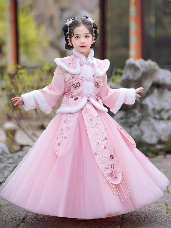 唐装 キッズ 女の子 中国風 冬物 厚手 中綿入り プリンセス ドレス 新年 正月 民族衣装 花柄 柔らか素材 中大童向け コーデュロイ ポリエステル裏地 発表会