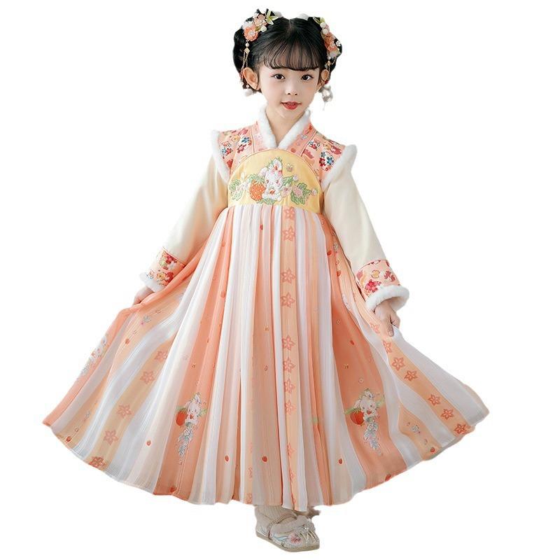 漢服 女の子 キッズ 子供 厚手 裏起毛 暖かい 防寒 秋冬 中国風 チャイナドレス 唐装 正月 新年 お祝い 衣装 赤色 かわいい プリンセス 七五三 発表会 イベント