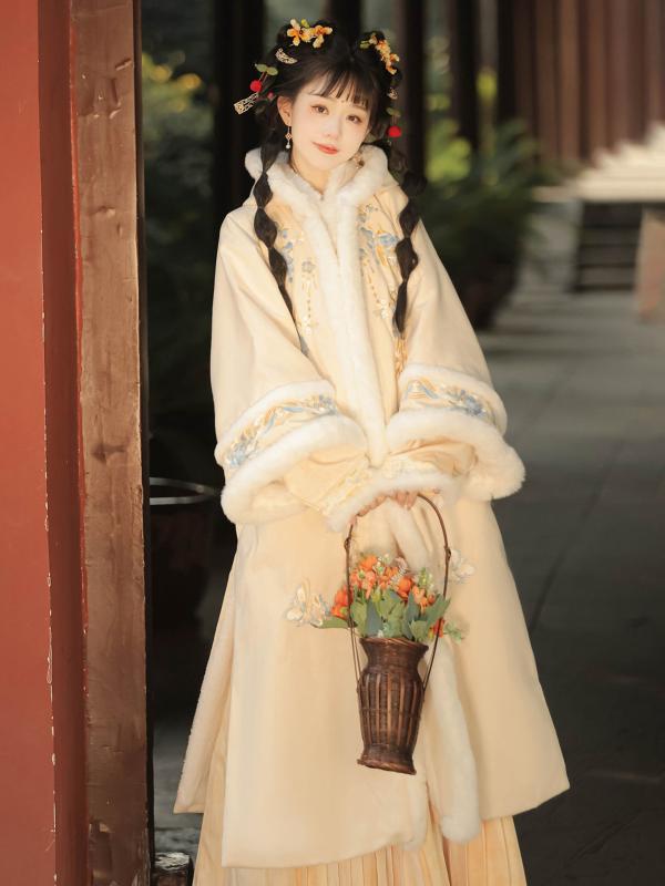 漢服 レディース 裏起毛 厚手 フード付き 対襟 宋制 オリジナル 長・槿子 プリーツスカート 秋冬 普段着 ポリエステル素材 古風衣装