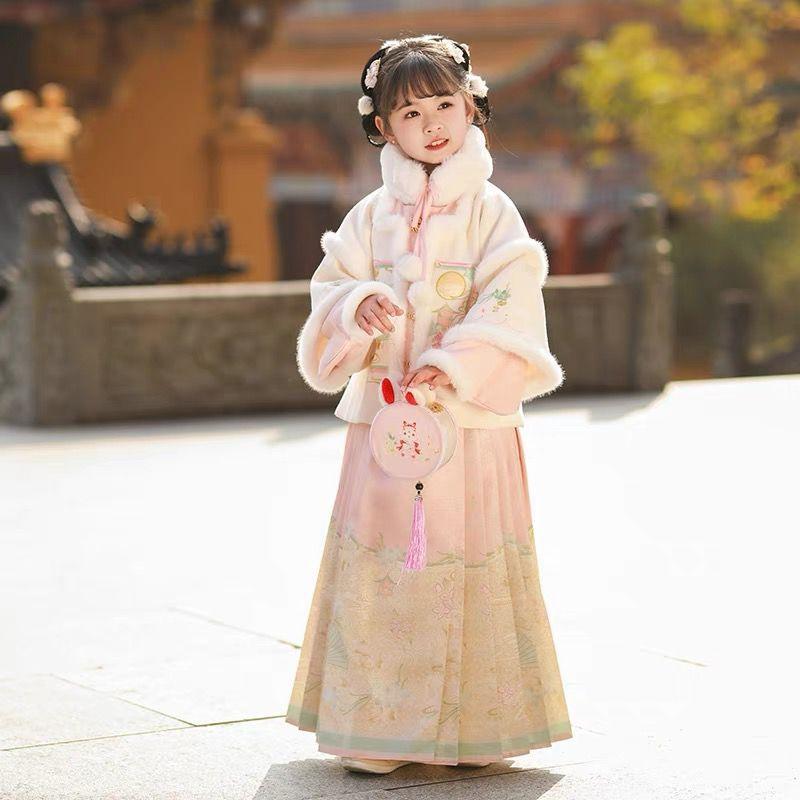 中国伝統衣装 女の子 キッズ 漢服 厚手 明代様式 馬面スカート セットアップ ウール混 モダール素材 刺繍 切り替え グラデーション 秋冬 お正月 ひな祭り フォーマル ピンク