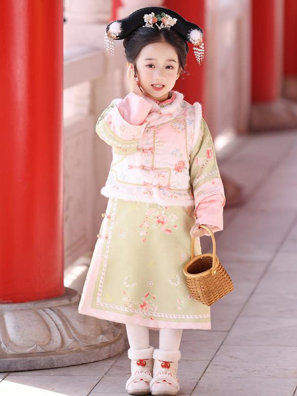 ワンピース 女児 キッズ 中大童 裏起毛 冬服 中国風 古風 漢服 唐装 チャイナドレス 民族衣装 お正月 祝い着 ポリエステル 赤 ピンク