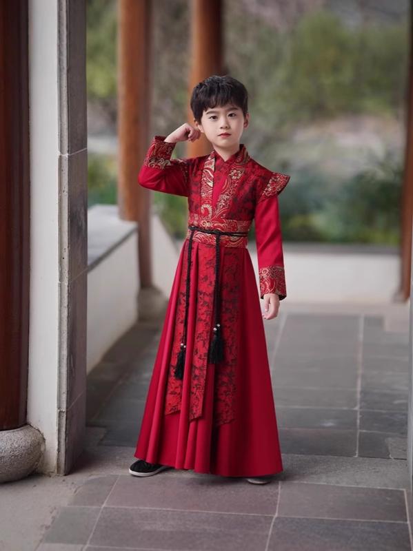 唐装 男の子 キッズ 春秋 漢服 伝統衣装 新中国風 武侠風 若様風 龍 花柄 刺・墸 再生繊維 ワインレッド フェイクツーピース 長袖 コスプレ 仮装 イベント衣装