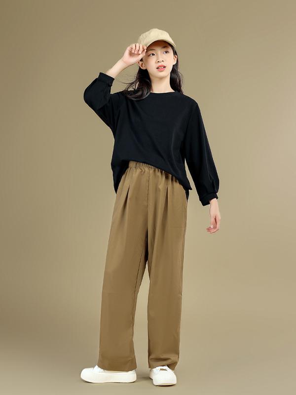 パンツ 女の子 ジュニア ウエストゴム 万能 ベーシック カジュアル おしゃれ 日本風 通学 普段着 スラックス ロングパンツ 綿 コットン 無地 秋 中大童 小学生 中学生
