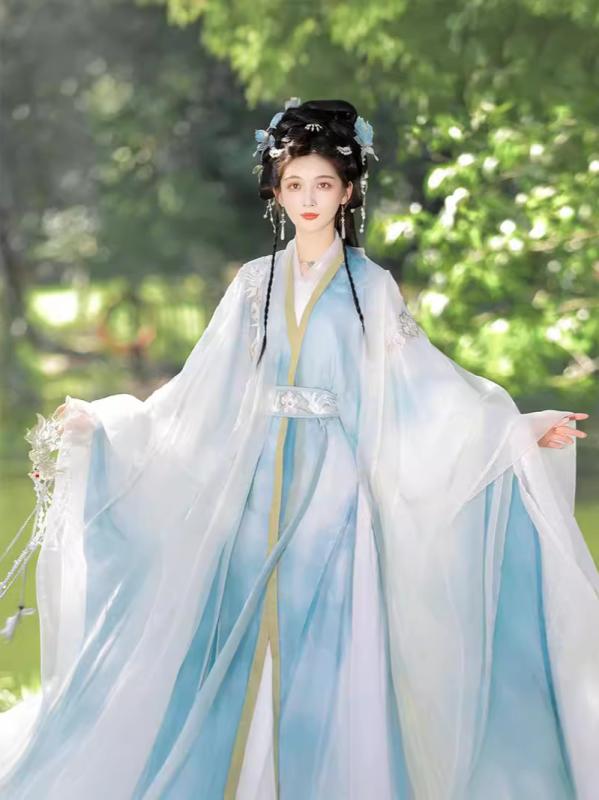 漢服 レディース 唐風 オリジナルデザイン 直裾ワンピース 広袖羽織 アンサンブル 豪華刺繍 花柄 シフォン テンセル トリアセテート 優雅 軽やか 華やか 秋冬 アイボリー 中華風