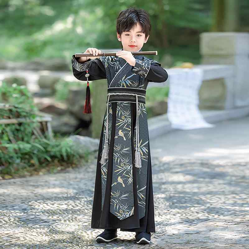 漢服 キッズ 男の子 高級感 格子柄 ポリエステル オールシーズン 中国風 唐装 民族衣装 発表会 イベント レトロ風 クラシック かっこいい 中高学年向け