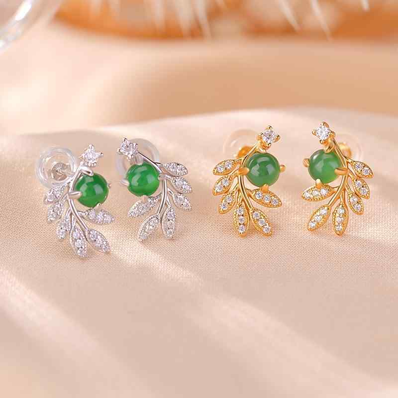 ピアス レディース 女性用 S925 スターリングシルバー 金メッキ 翡翠 レトロ 復古 高見え リーフ 葉モチーフ 丸玉 ゴールド シルバーカラー 高級感 春夏