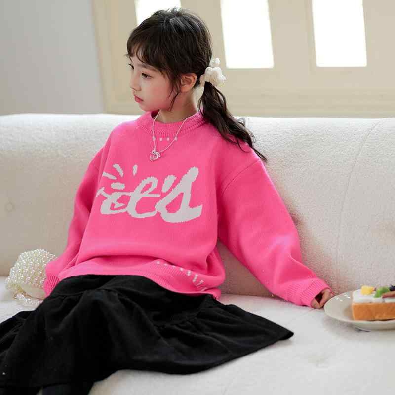 セットアップ キッズ 女の子 スクール風 レターロゴ ニット 厚手 毛玉防止 長袖 セーター チェック柄 フレアスカート コーデュロイ 綿素材 韓国子供服 秋冬 通学 ジュニア プリンセスライン