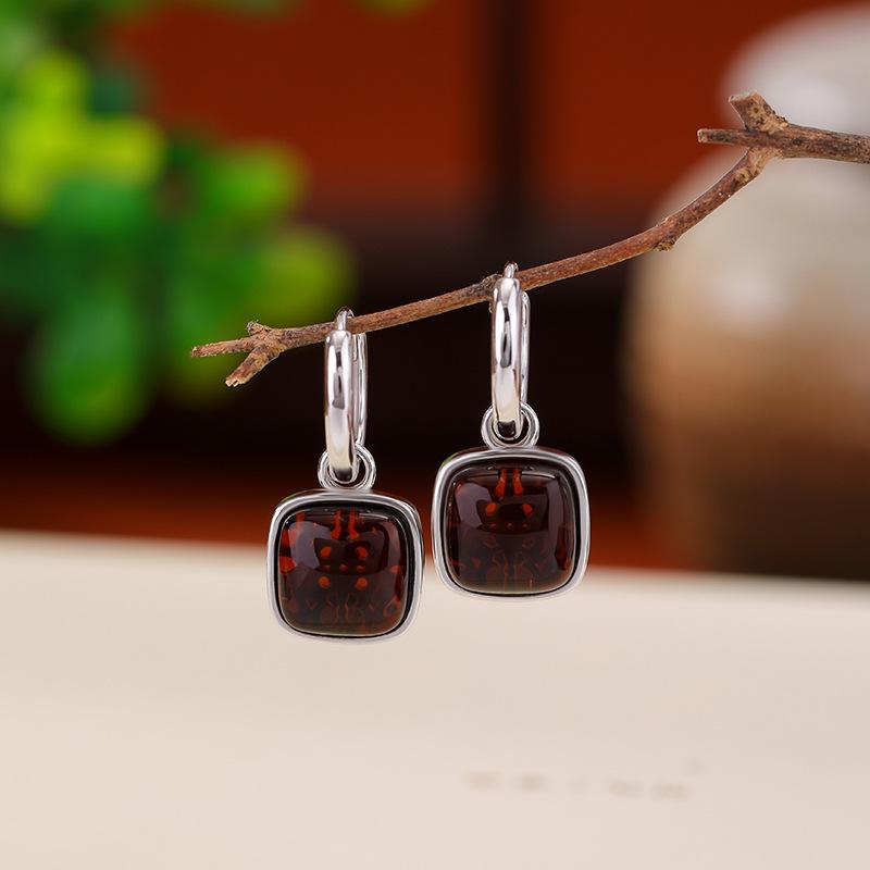 ピアス レディース S925純銀 琥珀 レトロ ヴィンテージ 幾何学 スクエア デザイン ドロップ 上品 エレガント 揺れる 万能 オフィス カジュアル アクセント