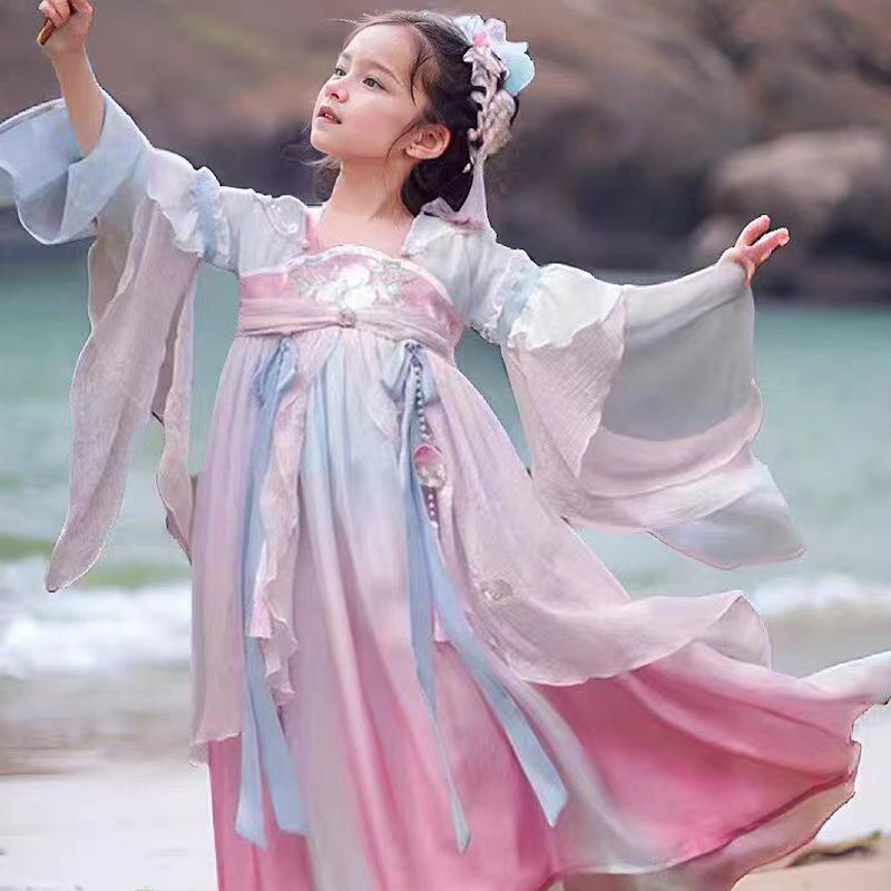 ワンピース 女の子 女児 キッズ 柔らか素材 綿裏地 安全基準A 漢服 唐装 中国風 伝統衣装 古典衣装 プリンセススタイル 花柄 切り替え セットアップ シフォン ポリエステル オールシーズン ピンク 発表会 イベント 撮影 小学生 通園通学
