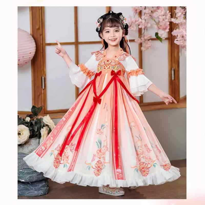 漢服 キッズ 女の子 子供服 プリンセスドレス 花柄 レース ソフトな肌触り ロング丈 エレガント フォーマル ワンピース ポリエステル 春秋
