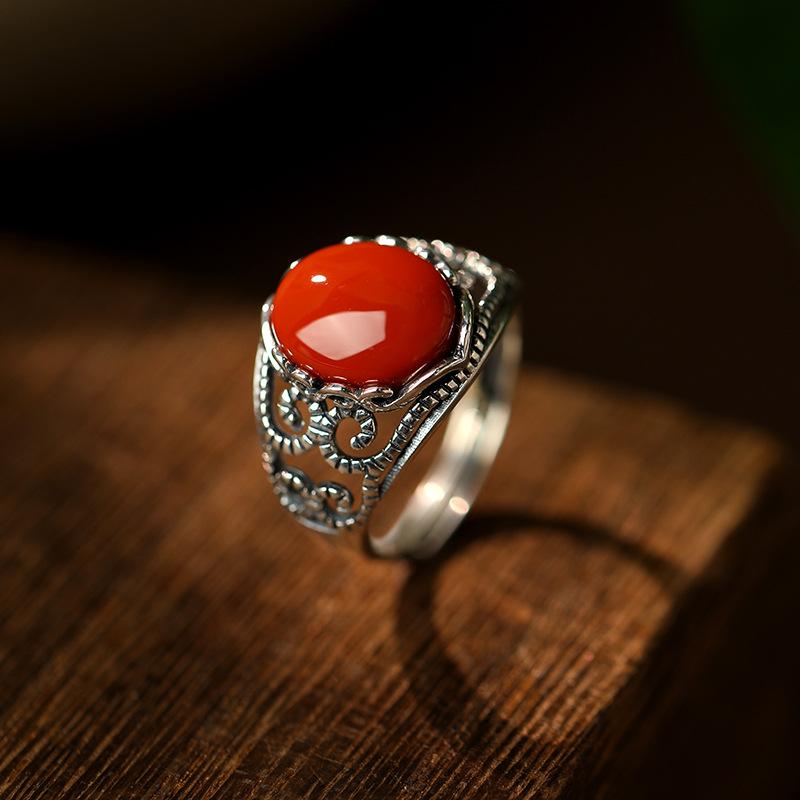 指輪 レディース S925シルバー 南紅瑪瑙 吉祥如意 祥雲 民族風 レトロ 精巧 電気メッキ加工 人差し指 花柄 上品 大人可愛い ファッション ジュエリー 装飾品