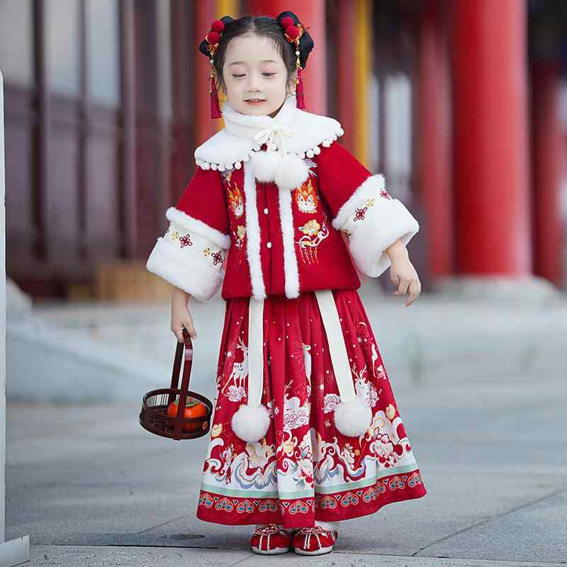 ワンピース 女の子 キッズ 裏起毛 厚手 花柄 中国風 漢服 唐装 チャイナドレス 古風 プリンセス風 お正月服 秋冬 発表会 伝統衣装