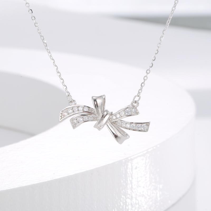 ネックレス レディース 女性用 上品 エレガント 高級感 シンプル 個性的 925シルバー ジルコニア 蝶々結び リボン 鎖骨 O字チェーン ファッション 通勤 41cm 50cm