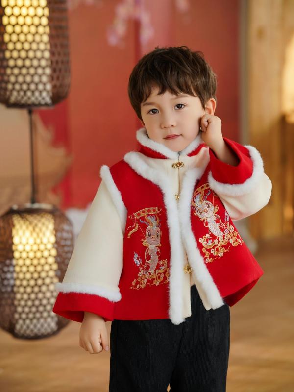 唐装 キッズ 男の子 女の子 冬物 厚手 裏起毛 チャイナ服 中国服 レッド 新年 お正月 縁起物 衣装 無地 かわいい おしゃれ やわらか ポリエステル