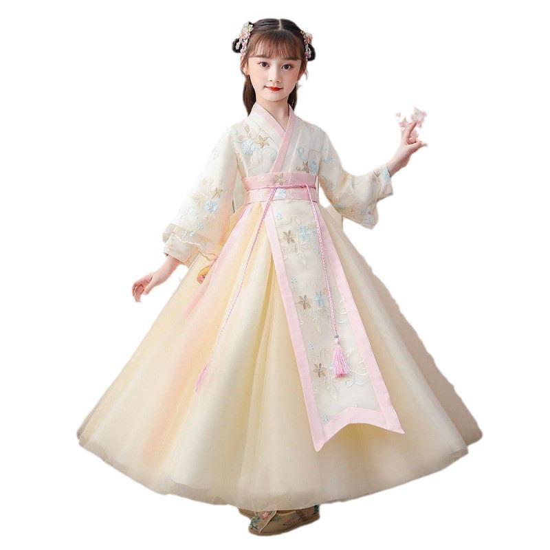 ワンピース 女の子 キッズ 子供服 中大童 漢服 唐装 チャイナドレス 中国風 古典衣装 裏起毛 厚手 秋冬物 花柄 レース 切り替え プリンセス かわいい ロング丈 ポリエステル素材 ソフトタッチ