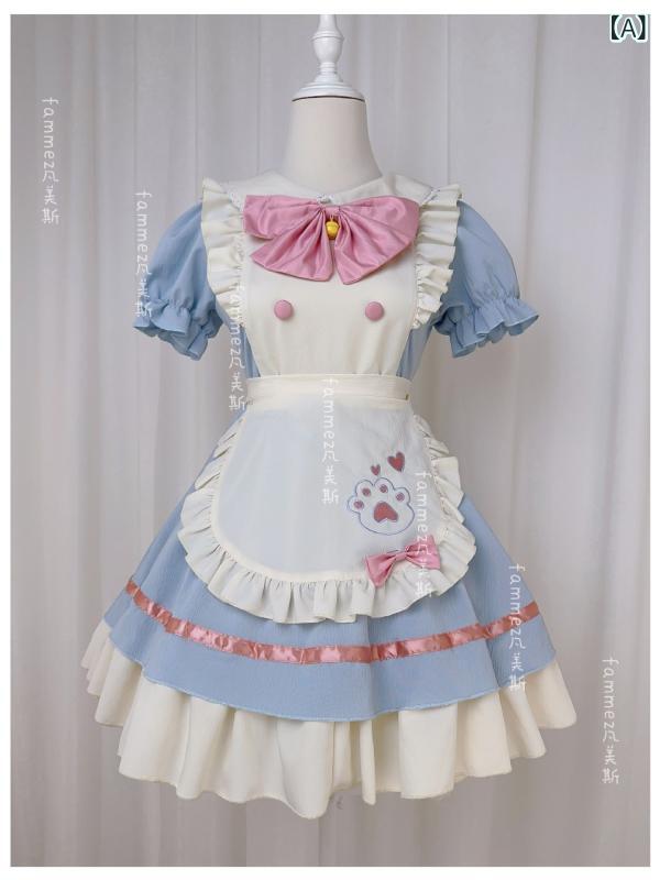 メイド服 レディース ロリータ 日系 ミニ丈 かわいい コスプレ 衣装 ポリエステル素材 カフェ店員風 イベント ハロウィン 仮装 パーティー 学生 制服
