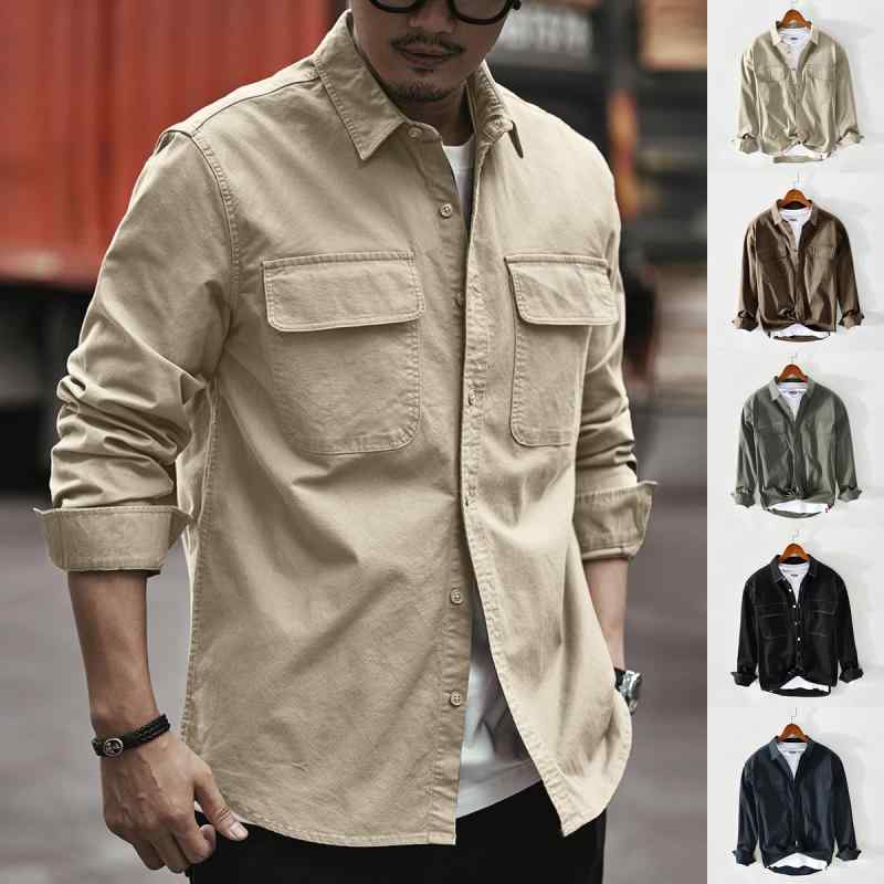 シャツ メンズ 男性用 長袖 襟付き ウォッシュ加工 多ポケット ゆったり ルーズフィット 綿 コットン 通気性 秋冬 アメリカン レトロ シャツジャケット カジュアル ストリート アメカジ ファッション アウター