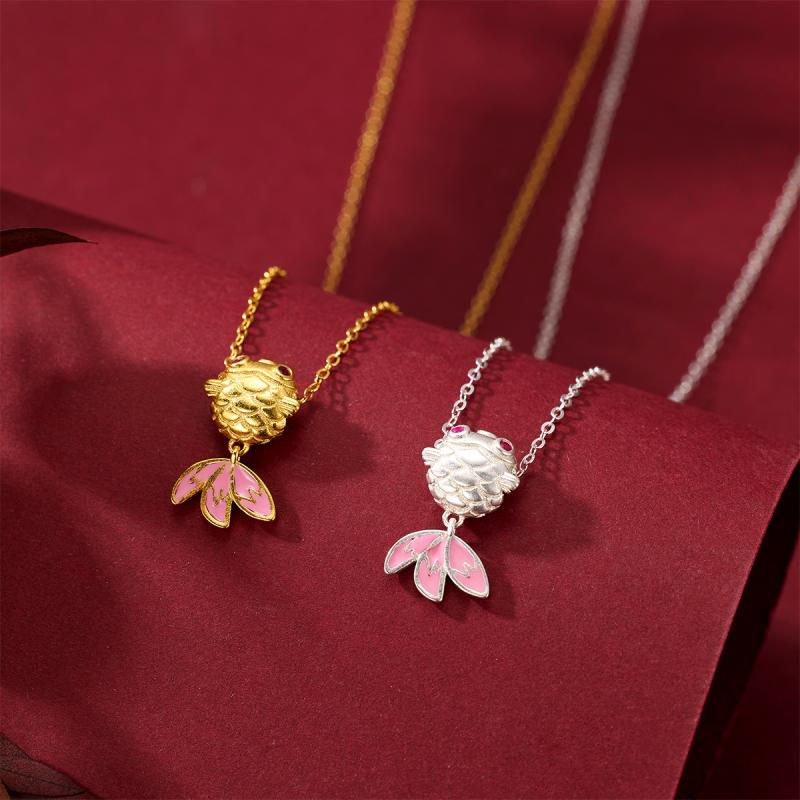 ネックレス レディース 女性用 S925 シルバー 金魚 ペンダント 鎖骨チェーン 個性的デザイン 多層 O字チェーン エナメル加工 動物モチーフ シンプル ファッション 通勤 プラチナカラー ゴールドカラー 41cm 50cm
