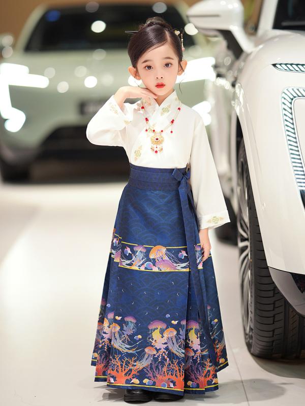 漢服 女の子 キッズ 子供 秋冬 柔らかい肌触り 改良 中国風 チャイナ風 高級感 エレガント 馬面スカート プリーツスカート プリンセスドレス 発表会 ステージ衣装 イベント セットアップ 上下セット ポリエステル