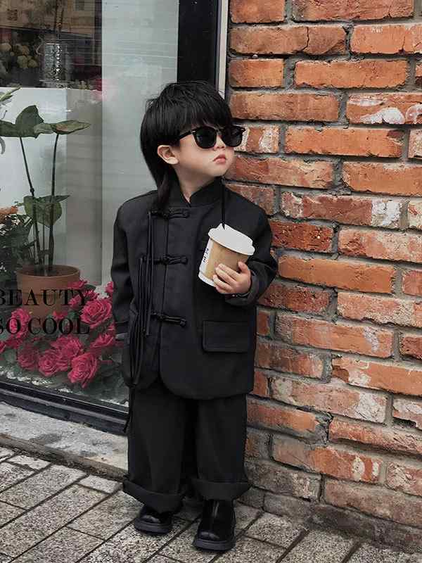キッズ 男の子 パンツセットアップ 漢服 唐装 中国風 チャイナ風 長袖 ロングパンツ 柔らかな肌触り ポリエステル 春秋冬 2点セット 無地