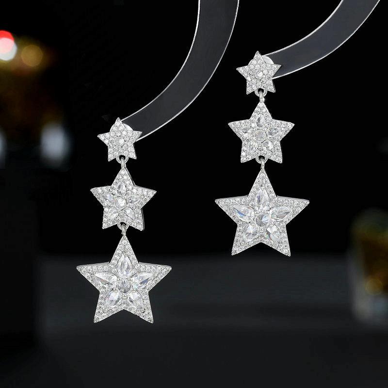 ピアス レディース S925シルバーポスト ジルコニア 高級感 エレガント 上品 軽やか 流星 五芒星 三連 ロングタイプ ホワイト ピンク パープル 春夏 通勤用 オフィス カジュアル