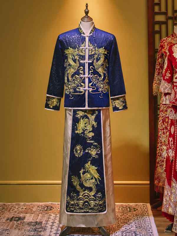 礼服 メンズ 晴れ晴れしい刺しゅう 龍鳳柄 光輝繻子 ジャかばい立て織り 華燭の典 花むこ御召しもの 華燭の典 交歓会 フォーマル 中国風 レトロ 古典的 青味 秋冬物
