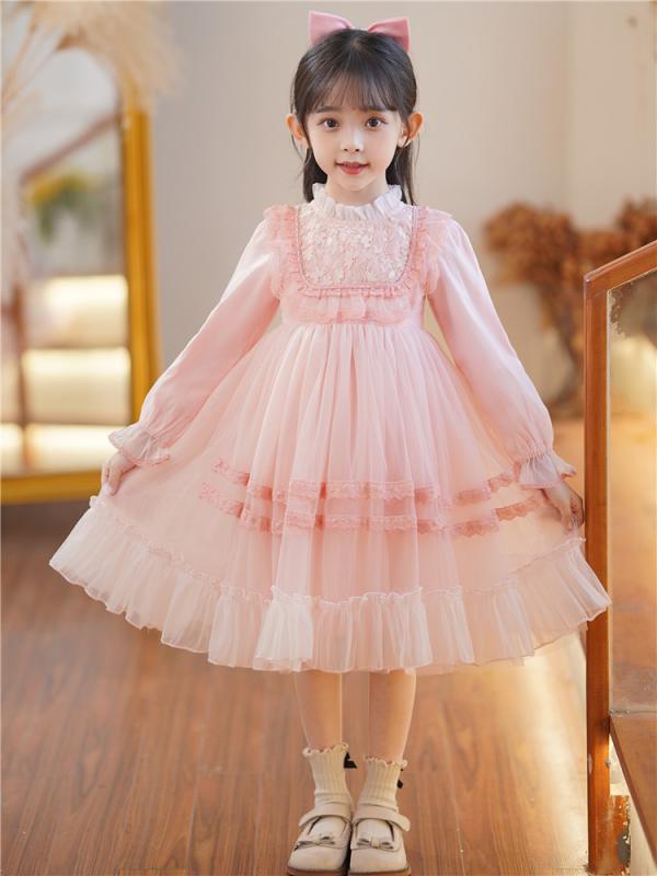 ワンピース 女の子 キッズ 裏起毛 長袖 プリンセス ロリータ レース チュール ふんわり フォーマルドレス 発表会 結婚式 七五三 パーティー セレモニー 春秋冬