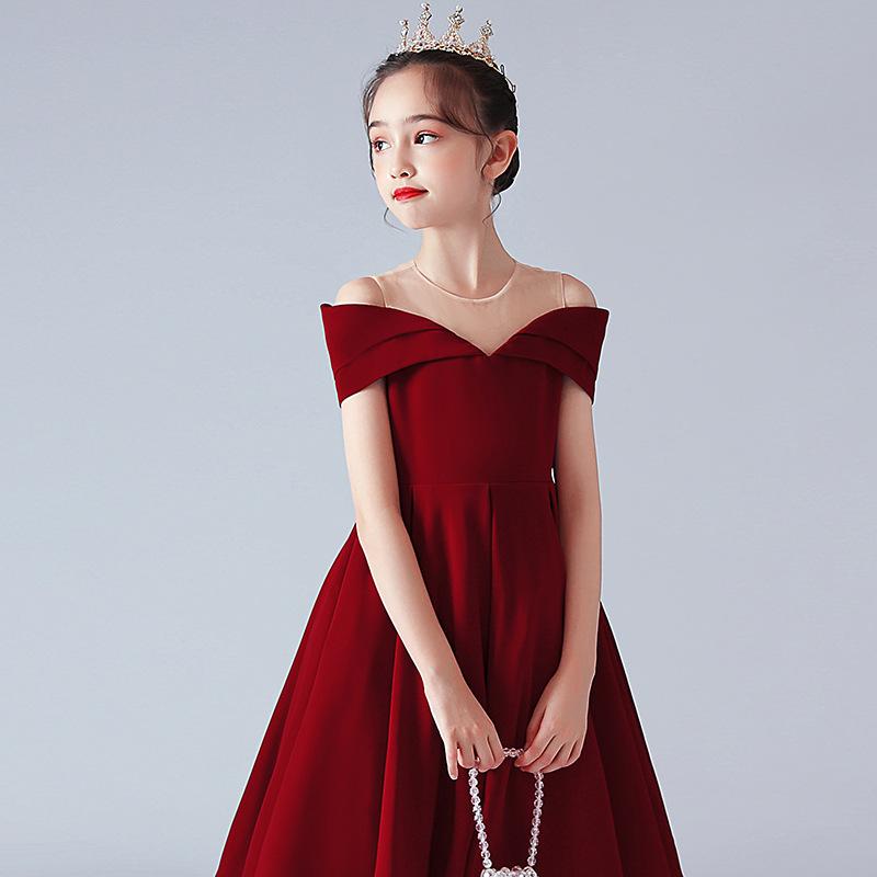 ピアノ発表会ドレス キッズ 女の子 オフショルダー ロング丈 チュール ワインレッド シンプル エレガント 上品 演奏会 結婚式 パーティー フォーマル 春夏