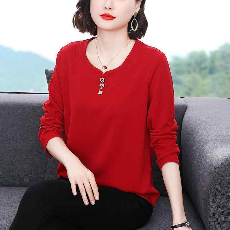 Tシャツ レディース 婦人服 長袖 プルオーバー クルーネック 大きいサイズ ゆったり 体型カバー レッド 無地 春秋 通勤 オフィスカジュアル カジュアル 普段使い デイリー 着回し 万能 レーヨン ボタン飾り 切り替え トップス