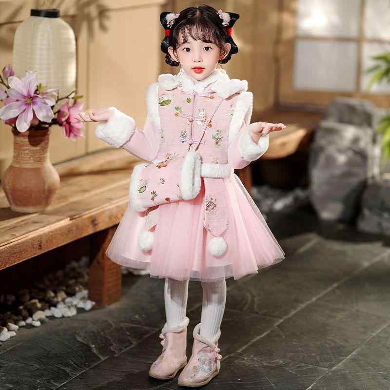 漢服 女の子 裏起毛 厚手 保温 中国風 伝統衣装 唐装 チャイナドレス 秋冬物 お正月 新年 記念日 華やか ポリエステル 小花柄 かわいい 小学生 中学生 キッズ 子供服 イベント衣装