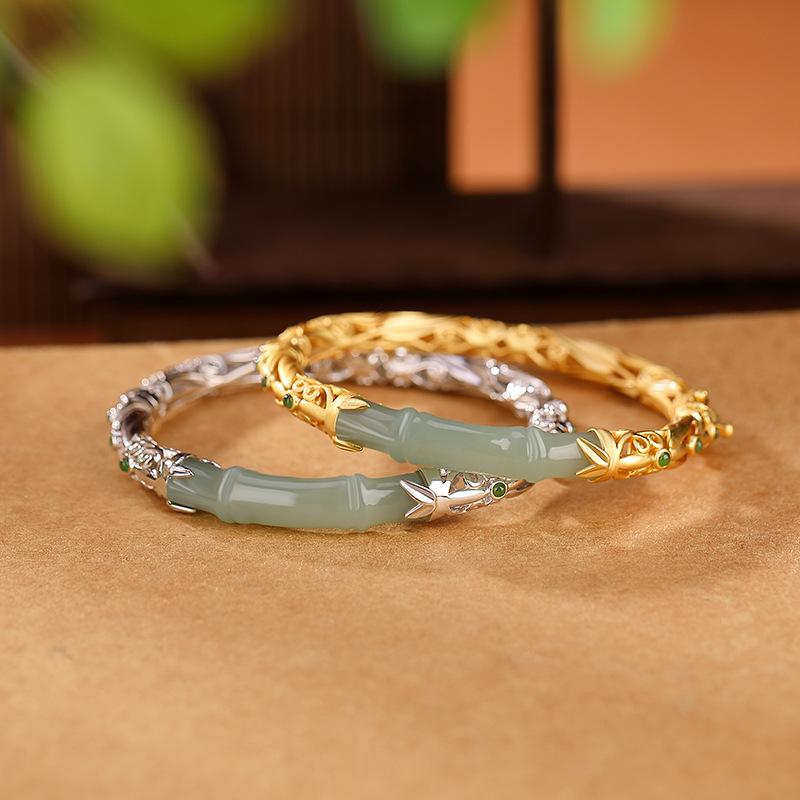 バングル S925スターリングシルバー ゴールドメッキ プラチナカラー 和田玉 レトロ 中国風 エスニック 祥雲 如意 竹モチーフ 透かし彫り 細密彫刻 吉祥柄 開運 普段使い プレゼント