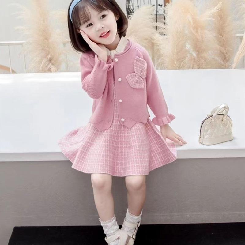 ワンピース キッズ 女の子 秋冬 韓国子供服 UVカット リボン ジャガード カーディガン セットアップ 光沢感 プリンセス風 かわいい 100cm 110cm 120cm 130cm 140cm