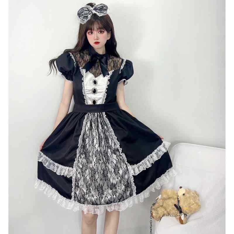 コスプレ衣装 レディース 伸縮性 かわいい 日系 ロリータ服 ロリータドレス メイド服 メイド衣装 アニメ キャラクター コスチューム ブラック イベント ハロウィン 学園祭 パーティー
