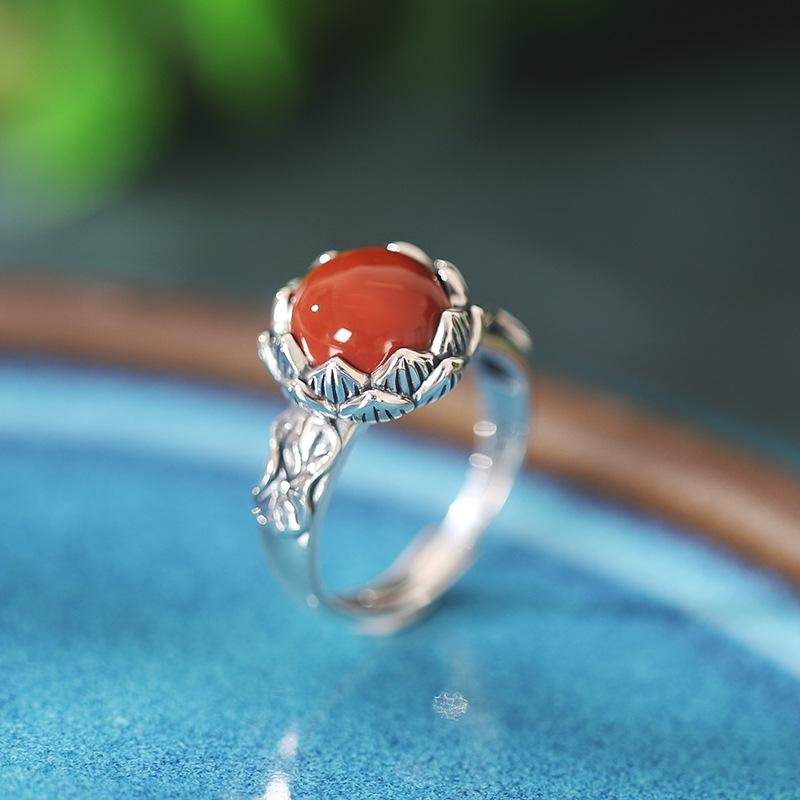 指輪 レディース S925シルバー タイシルバー 南紅メノウ ターコイズ 和田玉 蓮の花 蓮の葉モチーフ 電気メッキ加工 フリーサイズ サイズ調整可能