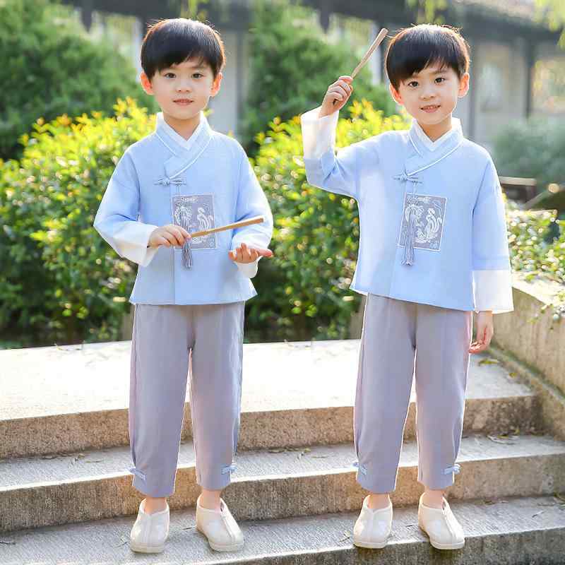 キッズ 子供服 男の子 女の子 漢服 唐装 上下2点セット 刺繍 幼稚園 発表会 舞台 衣装 春秋 中国風 コットン 綿裏地 柔らか素材 かわいい ライトブルー