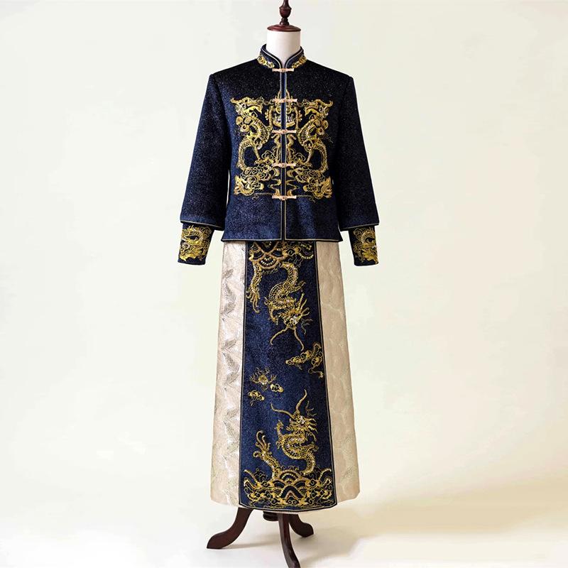 漢服 メンズ 華燭の典 花むこ御召しもの 中国式礼服 秀禾服 唐装 龍鳳褂 交歓会 敬酒服 フォーマル 寄り合い 青 青味 ポリエステル原料品 秋冬