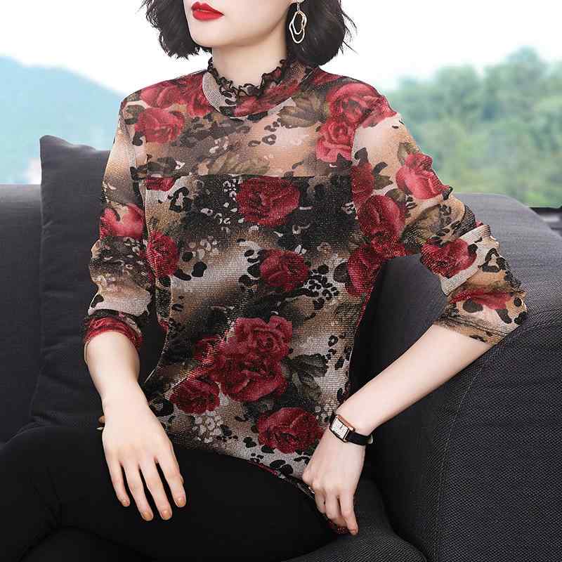 Tシャツ レディース ミセス 秋冬 半ハイネック モックネック 長袖 レギュラー袖 スリム 薄手 花柄 プリント プルオーバー おしゃれ 日韓カジュアル 大きいサイズ
